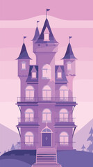 Obraz premium Pink cartoon castle with turrets and flags in scenic landscape flat vector illustration