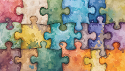 Interlocking puzzle pieces with a watercolor texture, symbolizing connection and diversity in a colorful, abstract design.