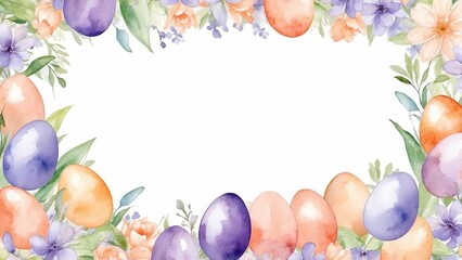 Easter eggs frame in pastel colors with flowers and copy space for festive greetings, postcard watercolor,
