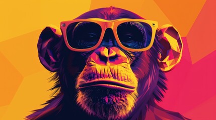 Fototapeta premium Stylized chimpanzee portrait with faceted geometric design wearing sunglasses on a solid orange background