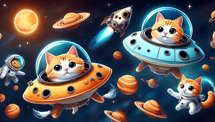 Adorable Kittens in UFOs Exploring Space with Planets and Rocket