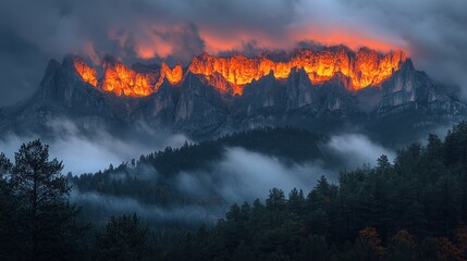 Fiery Sunset Over Misty Mountain Peaks