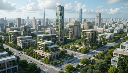 Obraz premium Sustainable mindset engineer plans a city project Eco friendly urban design, carbon neutral buildings, renewable energy, ESG principles, and climate resilience for a sustainable vision. Generative AI