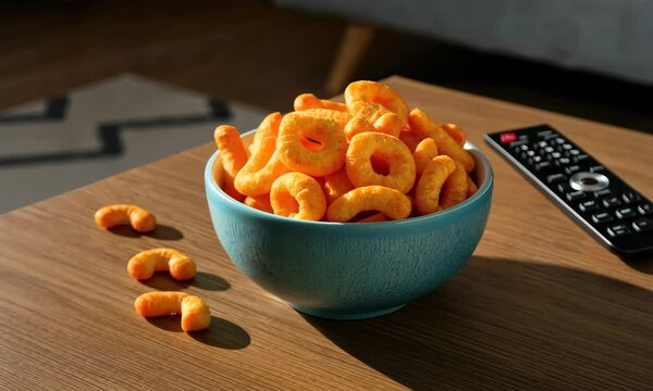 Bowl of cheese-flavored snack puffs on table with TV remote nearby, suggesting relaxed movie night at home