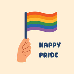 Colorful vector poster of hand holding rainbow LGBT flag with the text Happy pride. Illustration symbolizes diversity and individuality. LGBTQ gay pride celebration. T shirt print design.