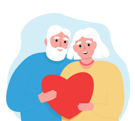 Elderly couple holding heart together as a symbol of love. Romantic relationships of old people. Vector flat graphics.