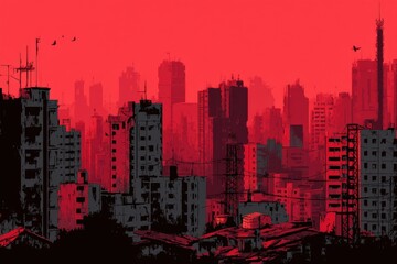 A dystopian cityscape at twilight, featuring decaying buildings in monochrome against a blood-red sky, evoking themes of urban decay and societal collapse.
