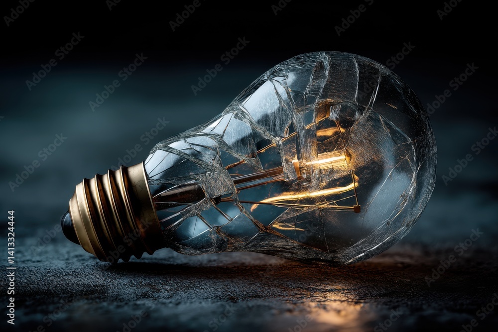Poster a conceptual image depicting a shattered lightbulb with a glowing filament, symbolizing broken ideas