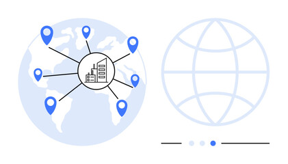 World map with pinned locations connected to a central business hub, globe outline on the side. Ideal for logistics, supply chain, globalization, business network, connectivity, data visualization