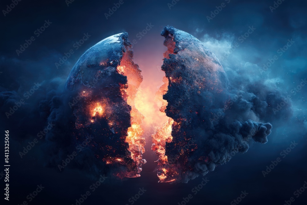 Poster dramatic rendering of a planet splitting apart with fiery energy, illustrating destruction and cosmi