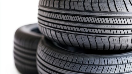 Close-up of stacked car tires with visible tread patterns on white background.