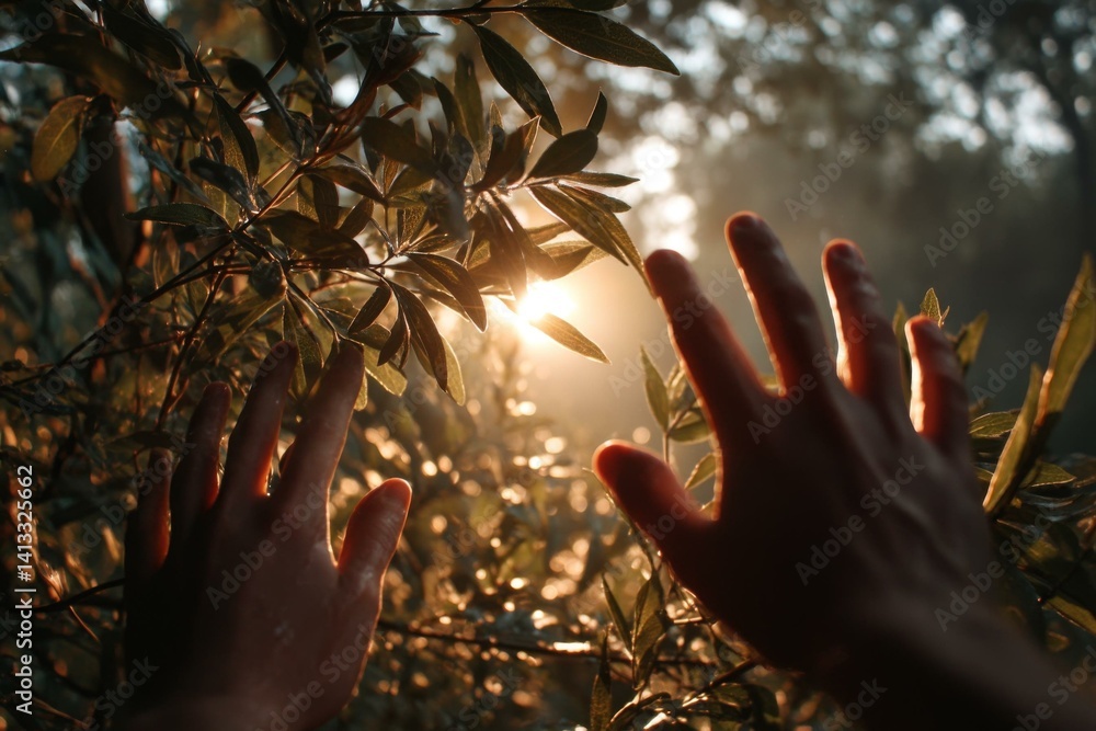 Poster hands reach for the bright sun breaking through tree branches in a magical forest, creating an ether