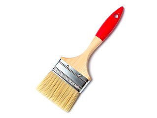 New clean paintbrush with natural wooden handle, red tip, and synthetic bristles isolated on a pure white background studio shot.
