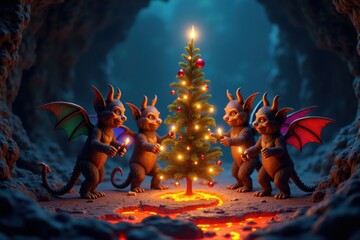 Several little demons with colorful wings celebrate New Year by a sparkling tree in a dark cavern, surrounded by bubbling lava and eerie shadows