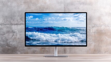 Fototapeta premium Modern computer monitor displaying ocean waves high resolution image