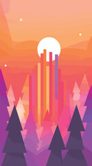 Abstract geometric forest with sunset and vibrant colors flat vector illustration