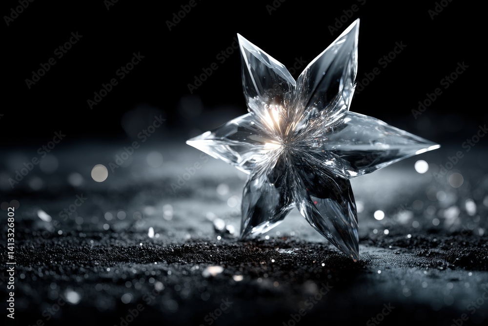 Poster close-up of a shimmering crystal star, radiating light on a dark surface, creating a magical and ele