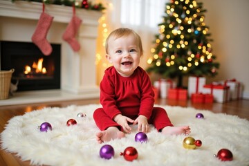 A joyful baby sits on a soft rug, playing with colorful Christmas ornaments scattered around, with a beautifully decorated Christmas tree glowing in the background