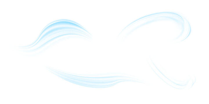 Air flow set of vector elements on a white background. Abstract light effect blowing from an air conditioner, purifier or humidifier. Dynamic blurred flow motion