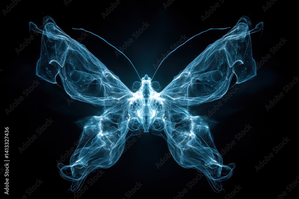 Poster abstract glowing butterfly with intricate patterns on a dark background, created using light paintin