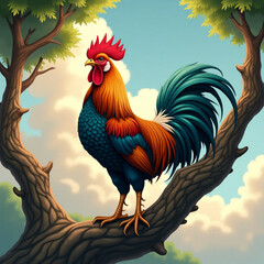 A colorful rooster perched on a tree branch set against a blue sky