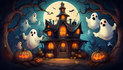 Spooky Halloween Night Haunted House Ghosts Pumpkins and Full Moon Illustration