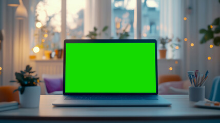 Laptop with Chroma Key Screen in Cozy Room: Mockup for Advertisement, Video Editing Template