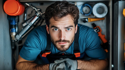 Portrait of plumber, working process. 