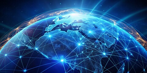 Naklejka premium Global Network Connection Digital Globe with Glowing Lines and Nodes, Digital Art, Network, Data, Technology, Internet, Global