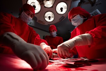 Medical Team Performing Complex Surgery Under Bright Lights in a Sterile Environment with a Focused, Intense Atmosphere