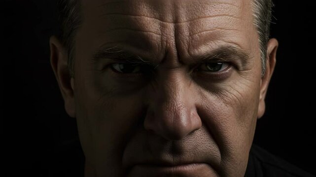Serious middle-aged man with furrowed brow against a black background