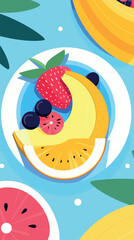 Bright tropical fruit slice arrangement with banana, strawberry, and blueberry flat vector illustration