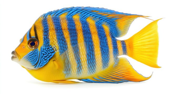 Vibrant yellow and blue fish with vertical stripes, isolated