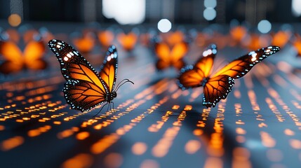 Digital butterflies morphing from glowing code particles, symbolizing creative transformation of data, bright dreamy background, artistic yet tech, light bokeh, white backdrop