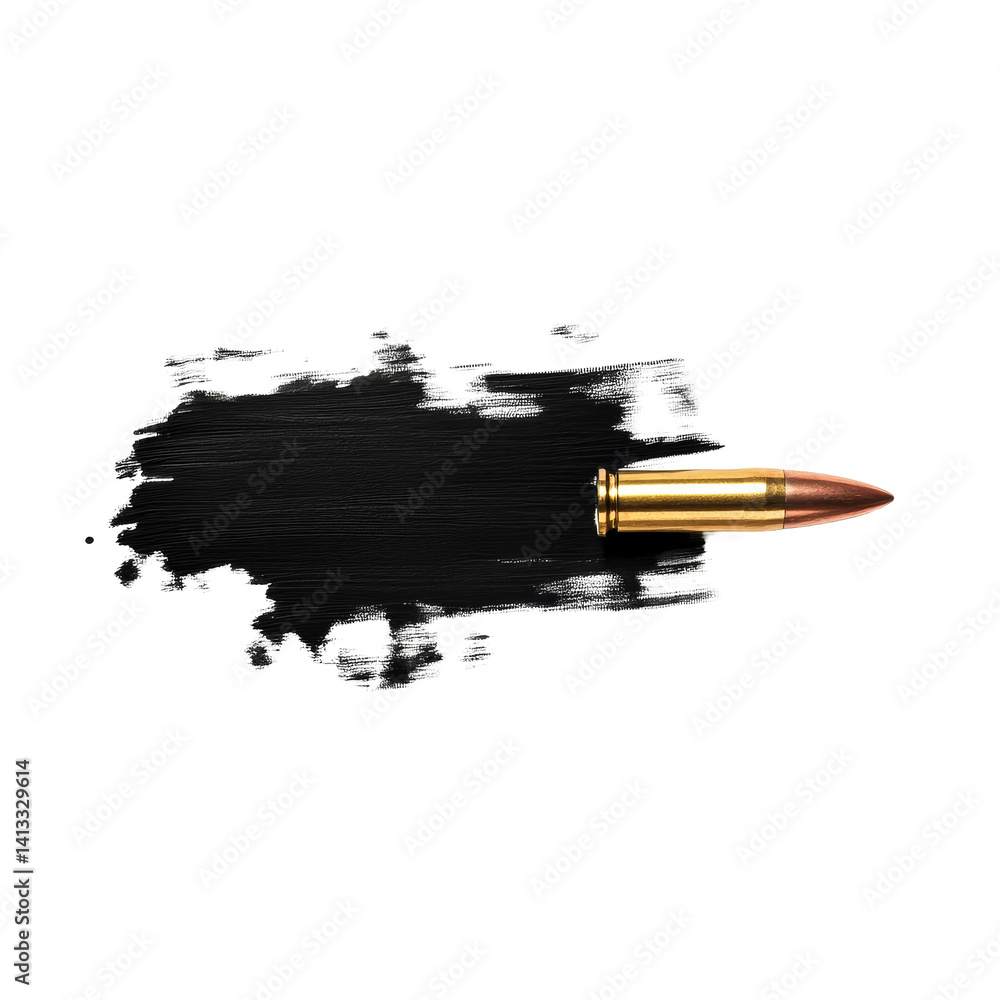 Poster a dark bullet trace lies on a pristine transparent surface with a bullet resting on the smear, showc
