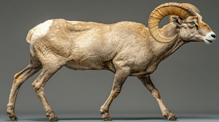 Majestic ram in profile view, showcasing robust build and impressive horns.  A detailed rendering of the animal's musculature and coat