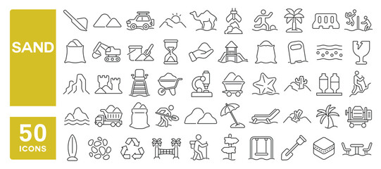Set of 50 line icons related to sand, beach, desert, hills, ground, soil, sandcastle, build material, playground, heap, sand area, Editable stroke. Vector illustration © M Design