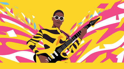 African male guitarist in vibrant abstract background flat vector illustration