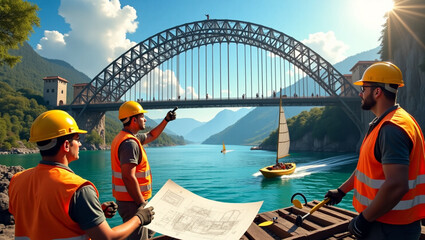 Three construction workers, wearing hard hats and vests inspect a bridge in a scenic landscape with a lake and mountains