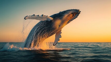 Majestic whale leaps into golden sunset