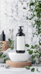 Obraz premium Minimalist Bath Product Presentation: Black Bottle with Natural Floral Adornments for Cosmetic Brand