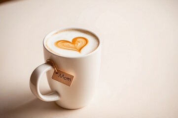 a white mug with a heart latte art and a Mom tag on a white surface