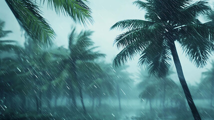 Tropical storm with palm trees bending in heavy rain and wind