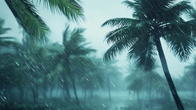 Tropical storm with palm trees bending in heavy rain and wind
