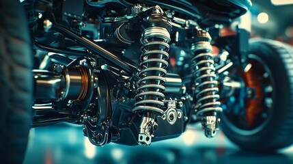 Obraz premium Close look at an advanced vehicle suspension system showcasing precision engineering and design in an automotive workshop
