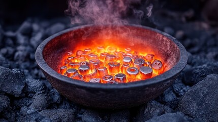 Metal pieces heating in a crucible