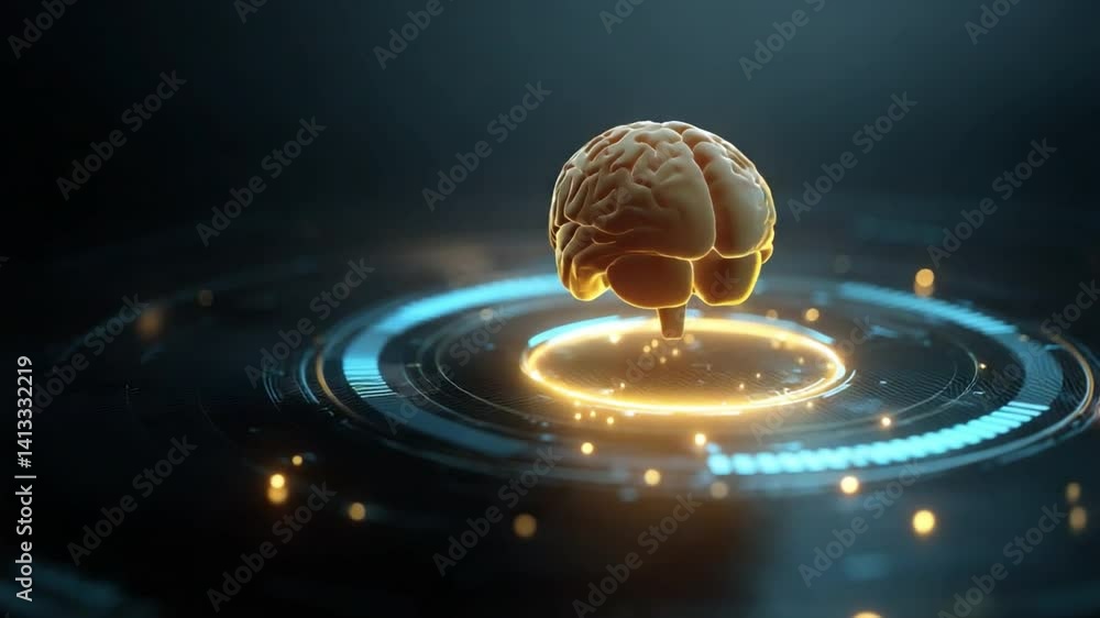 Poster human brain neural network: a 3d rendered human brain model illuminated on a futuristic technologica