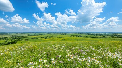 Serene green meadow under blue sky with fluffy clouds open nature landscape image