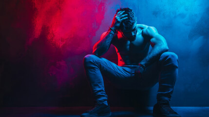 Obraz premium Contemplation: A man in jeans sits pensively under red and blue illumination, portraying a moment of introspection and dramatic atmosphere.