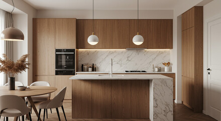 Modern kitchen design Oak wood cabinets marble island warm lighting creating a cozy and elegant